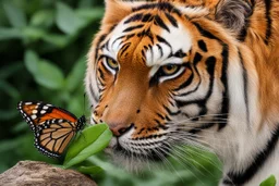 papillon posé sur le nez d'un tigre