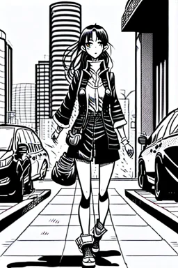 girl walk on the streets, manga style, line arts illustration