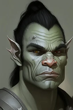 Portrait of an half-orc, grey skin, proud look, short dark hair