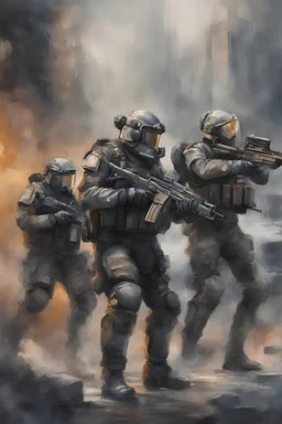 squad of soldiers fighting in high tech armor, watercolor style, ultra detailed character, urban background, oil painting style, dramatic lighting