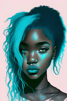 Drawing of a girl with dark skin and turquoise hair