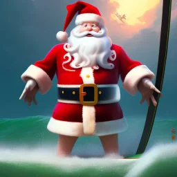 Santa standing of surfboard surfing a big wave, surfboard, beach, character design by cory loftis, fenghua zhong, ryohei hase, ismail inceoglu and ruan jia. unreal engine 5, artistic lighting, highly detailed, photorealistic, fantasy