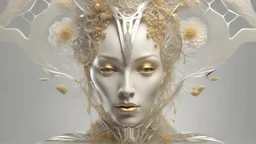 figure of a woman, art from the "art of control" collection by Jasper Harvey, in the style of futuristic optics, silver and gold, flower, bird, detailed facial features, swirling vortices, glowing, 8k 3d, bizarre cyborgs, made of crystals, high detail, high resolution, 8K