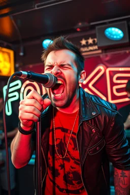 A very angry and bitter punk rocker screaming at microphone, very aggresive image in a club house, his name i FOLKE, and the name FOLKE in background