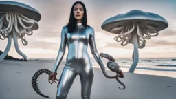 Wide-angle shot of a woman, standing to one side, with dark hair in a silver robotic catsuit, standing on a beach, flying mushrooms with octopus tentacles floating above her