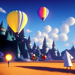 The Mouse and the Grim Reaper on balloon world, discussing the future of the universe, art by Pixar and Magritte