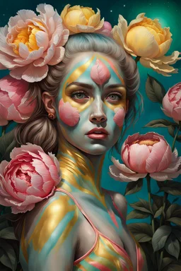 PHOTOREALISTIC PORTRAIT OF A GIRL of Cirque dU soleil, WALKING ON THE SHORE AT THE MOONLIGHT, AND EMBRACING PINK YELLOW PEONIES, VIVID METALLIC colors: torquoise, pale salmon, persimmon, grey-green , pale lemon yellow, greenish gold, metallic bronze. ULTRA detailed; CORRECT anatomy, FACE and eyes, HIGH RESOLUTION AND DETAILS, HIGH DEFINITION, STYLE BY RAFFAELLO, MICHELANGELO,