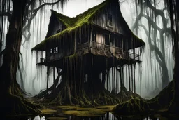 A monstrous , ramshackle witches shack, set on stilts, exuding a malevolent light, in a dark cypress swamp overhung with Spanish moss , in the style of , Alex Pardee, muted natural color, sharp focus, ethereal , dark and foreboding
