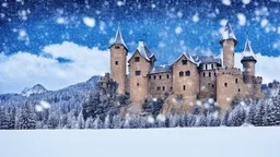 large castle in the snowy mountains