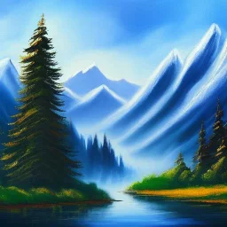 bob ross, painting, faraway mountains, misty mountain peaks, forest-covered hills, valley