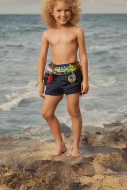 full body image of a beautiful 12 year old boy with long, blonde curly hair and light blue eyes, smiling, shirtless, in front of an distant beach, 8k