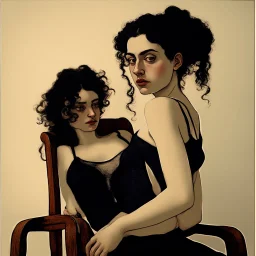 Breathtaking arab 30 years old woman with pale skin she is sitting on an old chair and has a tiny tanktop from the waist up, she has long black curly hair, petite figure, wide hips, prominent nose, thick lips, she has just been slapped around, by Egon Schiele, gustave dore, david mann, retro vintage style, hd photography, hyperrealism, graphite pencil drawing, realistic, natural, b&w illustration, fine art, beautiful watercolor painting, realistic, detailed, by olga shvartsur, svetlana novikova