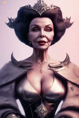 Joan Collins as evil queen in black leather, leather, busty, cleavage, angry, stern look. character design by cory loftis, fenghua zhong, ryohei hase, ismail inceoglu and ruan jia. unreal engine 5, artistic lighting, highly detailed, photorealistic, fantasy