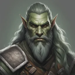 dnd, portrait of Half-Orc hunter ranger. Greyish green skin. Long beard and viking hair.