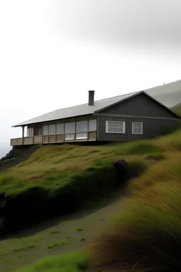 foggy chilean coast house duringspring mid day