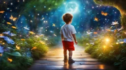 Un beau petit garçon erre dans son monde imaginaire enchanté, Parmi les merveilles, qu'il adore explorer. Nuit enchantée, plantes magiques, fontaines de lumière, lucioles dansantes, fées lumineuses. Ses rêves sont vastes, pleins de beauté, Chaque instant est un nouveau bonheur. Dans son univers, tout est merveilleux, Un monde imaginaire, tendre et lumineux. Bel éclairage, composition attrayante, photoréaliste, extrêmement détaillée, clair-obscur, règle des tiers