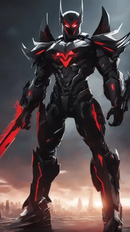 A close picture to Mix between symbiote and machine and batman in transformers cyborg with black metal and red details armor in solo leveling shadow art style with red details detailsis in fantasy world
