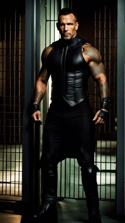 Jason David Frank as a Very muscular alpha male with short hair and tribal tattoos piercings wearing a black armani suit , standing in a doorway