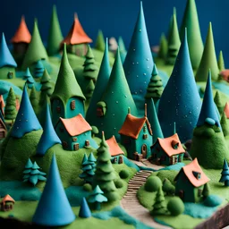 Detailed cozy village made of modeling clay, decal, 3d, naïve, strong texture, extreme detail, Max Ernst, Yves Tanguy, green and blue, rich moody colors, sparkles, Yves Tanguy