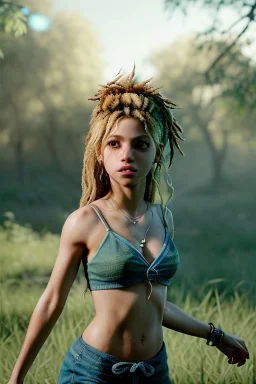 Shakira artist, Realistic image, natural waist up portrait, natural busty , perfect eyes, glow, circle iris. concept art, smooth, unreal engine 5, god lights, ray tracing, RTX, lumen lighting, ultra detail, volumetric lighting, 3d, finely drawn, high definition, 4k.