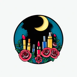 A circular logo designed for a cosmetics store with the symbol of the moon and the colors turquoise, indigo, red, gold and pink, a blue and black circle decorated with cosmetics and nail polish, lipstick, body spray and roses.