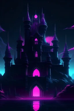 realistic dark fantasy castle with a synthwave background