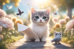 two cute anime chibi cats on either side of the picture looking at a pigeon in the top centre of the picture, flying with an envelope in its mouth in sunshine, flowerfield, ethereal, cinematic postprocessing, bokeh, dof