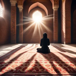 Hyper Realistic Photographic-Back-Center-View Of A Muslim-Female Praying in a Brick-Mosque with sun-rays coming from the Islamic-Architectural-Window-in-front-of-her on prehistoric-carpet showing dramatic & cinematic ambiance.