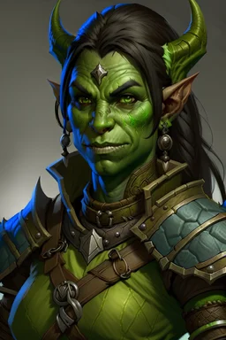 generate a dungeons and dragons character portrait of a female orc. She has green skin, black braided hair and blue eyes. She is wearing brown leather armour.