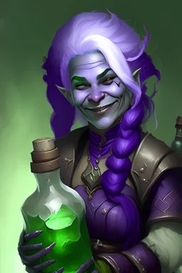 20 year smirking female duergar holding 2 alchemy flasks,purple skin, green and white hair