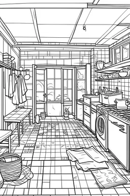 Outline art, house design, laundry room, no shading, no lines, cartoon style, --ar 9:11