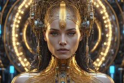 Biomechanical beautiful woman, golden ratio, neon futuristic, glowing circuitry, hyper maximalist, ornate, luxury, elite, ominous, photorealistic ultra-detailed 4k resolution, unreal engine render, cinematic, Diffraction Grading, Ray Tracing, RTX, reflective gold parts, screws and cables, hyper maximalist, ornate, luxury, elite, ominous, photorealistic ultra-detailed 4k resolution, unreal engine render, cinematic, Diffraction Grading, Ray Tracing, cybernetic, neon tubes with wires, golden ratio,