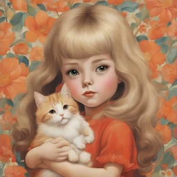 1970s, blond Little girl singing, in red, long hair parted in the middle, hugging an orange cat, in the style of Margaret Keane, huge brown eyes, flowered wallpaper,