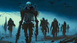 (Bio-engineered undead skeleton machine army) marching, (menacing), glowing eyes, tactical wear, gas masks, dark winter landscape, techno gothic aesthetic, epic, science fiction painting, (Denis Sarazhin, Alex Colville, Simon Stålenhag, Neil Blomkamp, Christopher Shy, Alejandro Burdisio, Tye Myartinez, ominous sky), RAW, gritty, high contrast, atmospheric horror art, vivid, neon overlay, harsh textures, dramatic, surreal horror, retro futuristic, nightmarish art, apocalyptic, atypical art