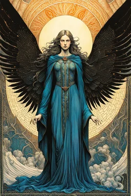 create a deeply evocative, ethereal, darkly magical lithograph illustration of an epic fantasy raven crone with highly detailed and deeply cut facial features, large outstretched wings, body covered in feathers, in the style of EDWARD BURNE-JONES, WILLIAM MORRIS, and KATHE KOLLWITZ combined with the comic art style of BILL SIENKIEWICZ and JEAN GIRAUD MOEBIUS, searing lines and forceful strokes, precisely drawn, inked, and richly colored