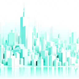 Digital illustration of a minimalist and digital city, colors are white, light blue and light green.