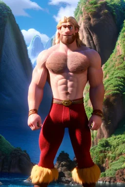 Ignore NSFW, teenager young rugged attractive slightly muscular fantasticly handsome blonde man, red briefs with yellow belt, hairy chest, (((visibly pisssing))) briefs, large erect visible boner peniss, photorealistic, artist Jay Anacleto, soft lighting, scruffy beard