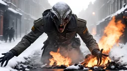 ALIEN CREATURE, attacking British soldier WORLD WAR ONE, CORPSE, BURNING, UNIFORM, a snowy london street 1898, the snow, SNOW ON THE GROUND, BURNING DEBRI LIES ALL AROUND, PHOTO REALISTIC, EPIC, CINEMATIC
