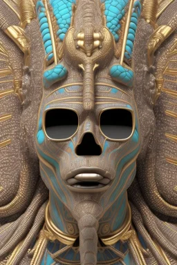 Aztec male African Egyptian alien, cracks in the voodoo head, wicked, eyes, crown, Elephant, 8k, finely detailed, photo realistic, tiger turquoise skull head gold dragon space alien snow skeleton gold hornytoad silver crown silver eyes