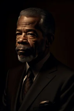 An extremely formal, funeral program on darkest bronze deeply pigmented velvet paper with brilliant, brightest heavy golden fonts, with a photograph on the front of the program of an strikingly handsome slightly tanned Biracial Black man of 50 years of age, with a slightly gray goatee dressed in a very dark conservative suit and tie, the photograph has a dark brown background or dark brown drapery background, simple, minimalistic, less element, very dramatic lighting