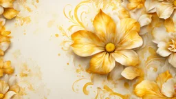 Hyper Realistic Yellow & Beige Abstract-Floral-Patterns With Glowing Golden Embers On Off-White Grungy Background.