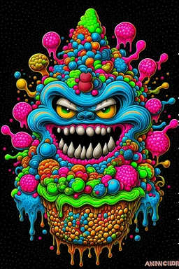 Monster made of ice cream, candy, gum drops, sprinkles tattoo design, traditional tattoo style, t-shirt design, fantasy art, digital painting, clean dark background, 8K by R. crumb, Todd Schorr, Robert Williams, Alex Alemany