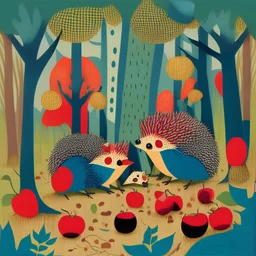 hedgehog family on a forest clearing with apples around Kandinsky style