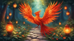 Slavic mythology fantasy illustration for bedtime story: enchanting garden with lush greenery and a beautiful stone winding path, with small tiny lanterns in the trees. Depict only one creature the Firebird. The feathers of the Firebird are vibrant red, orange, and gold, each one glowing with an otherworldly brilliance.