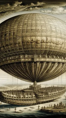 A tannish silver coliseum on an airship in the sky painted by Leonardo da Vinci