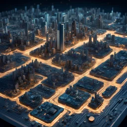 Shipping Port area, futuristic photo realistic Landscape of city made of circuit board computer chips, , realistic high detail, stary night