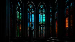 A dark, gothic cathedral where a shadowy figure makes a pact, sacrificing their soul for forbidden knowledge, the stained glass windows casting eerie colors.