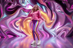 beautiful lady with todays modern clothing and sport shoes, in surreal stage made of 3d fractal random size recursive objects with helical strip colors in clothing similar to environment full body dancing to camera,animating background metallic random color and size recursive objects