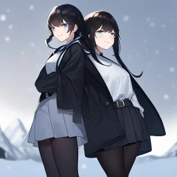 Clear focus, High resolution, black short fluffy hair, long locks, smiling, wearing a black coat and a white short skirt with black leggings on, wearing a white shirt, wearing a grey belt, looking confused, snow in the background, blue sparkling eyes