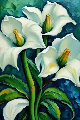 oil painting with the spatula technique, three white calla lilies by van gogh